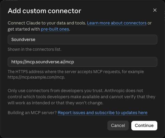 The Add custom connector dialog in Claude, with the Soundverse name and MCP URL filled in